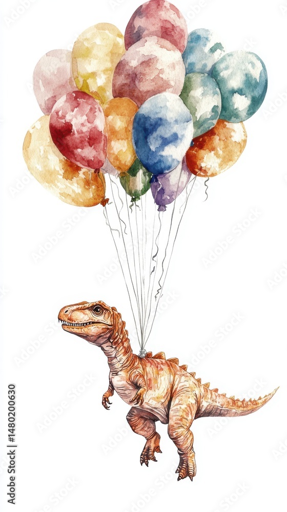 Obraz premium Watercolor dinosaur illustration with balloons on white background whimsical art for children's decor and birthday celebrations