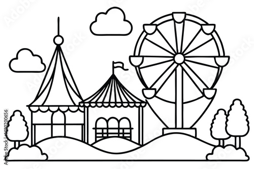 Black and white outline shows a fairground with Ferris wheel and tents under clouds