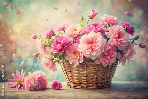 Vintage Watercolor Pink Flower Basket, Floral Still Life, Retro Botanical Art Print