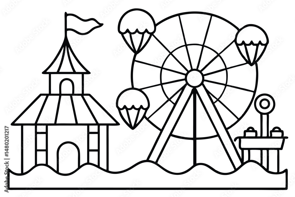 Black line illustration shows a carnival with a ferris wheel and tent on white Black line illustration shows a carnival with a ferris wheel and tent on white