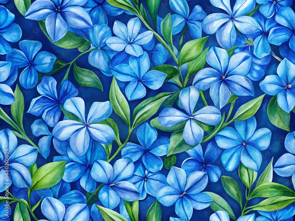 Fototapeta premium Watercolor Blue Plumbago Flower Seamless Pattern Dark Blue Background Floral Textile Design