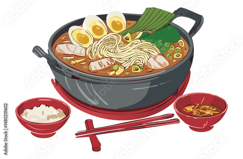 pot of curry noodles with egg and toppings and side dish - vector illustration