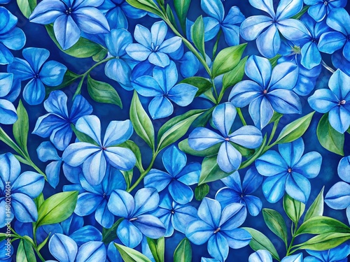 Watercolor Blue Plumbago Flower Seamless Pattern Dark Blue Background Floral Textile Design