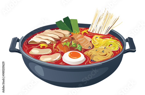 Spicy ramen bowl with toppings - vector illustration