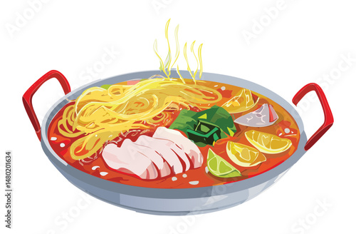 hot pot spicy soup with noodles and meat and toppings - vector illustration