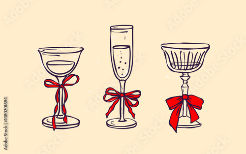 Hand drawn Italian style wedding dinner posters and placards. Wine, champagne glass, cheese, cake drawings for wedding invitations, menus and parties. Ink doodle sketch style