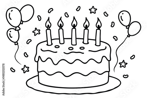 Black outline illustrates a birthday cake adorned with candles, balloons, and star decorations
