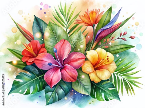 Watercolor Tropical Bouquet: Hibiscus, Strelitzia & Monstera, Bokeh Background