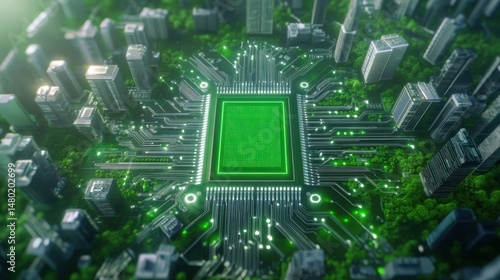 Futuristic Cityscape with Circuit Board Design and Green Technology