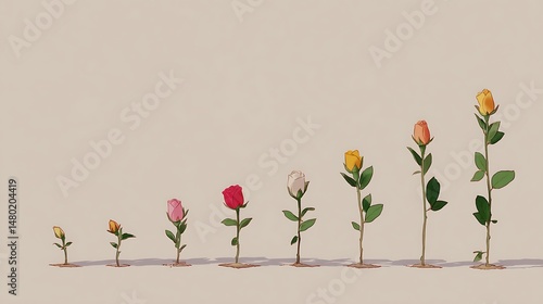 Rose buds bloom linearly showing growth phases minimalistic style