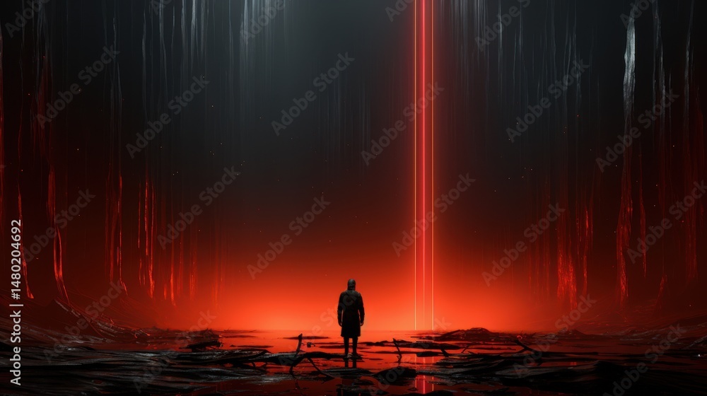 Silhouette in a mysterious, glowing red sci-fi landscape. Silhouette in a mysterious, glowing red sci-fi landscape.