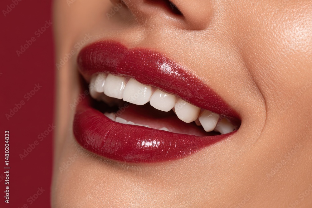 Obraz premium Close-up of a beautiful woman smiling with perfect white teeth and glossy red lipstick, showcasing a healthy and radiant smile, inviting and attractive look.