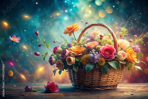 Whimsical Flower Basket Drawing, Long Exposure, Magical Bloom, Artistic Illustration, Social Media Post
