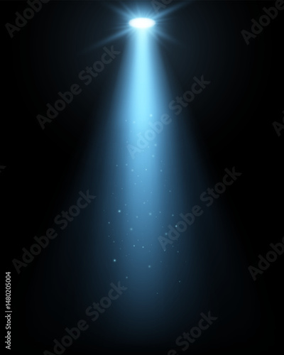 Vector spotlight beam on dark stage with glowing effect. Bright light ray with projector glow and transparent shine. Ideal for concert, theater, club, or festive interior scenes.