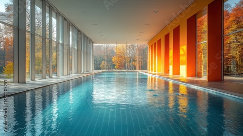 Indoor swimming pool with large windows overlooking autumnal trees. Tranquil and serene atmosphere.