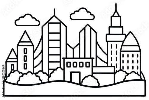 Bold black outlines define an urban city skyline with modern buildings and clouds is on transparent background