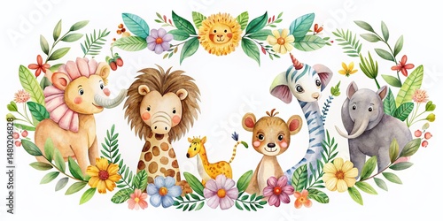 Whimsical Zoo Animals in Circular Floral Frame: Hand-Painted Illustration for Food Photography