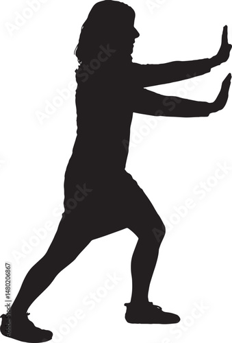 vector; silhouette side view of woman holding or squeezing a wall or something imaginary