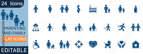 Family and Parenting Icon Set – 24 flat, minimalist icons for family care, childcare, motherhood, fatherhood, and parenting projects. Editable vector icon set .