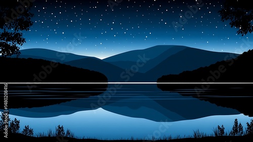 Mountain silhouettes reflect calming water during serene night landscape