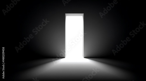Illuminated doorway emits light into dark shadowy empty space