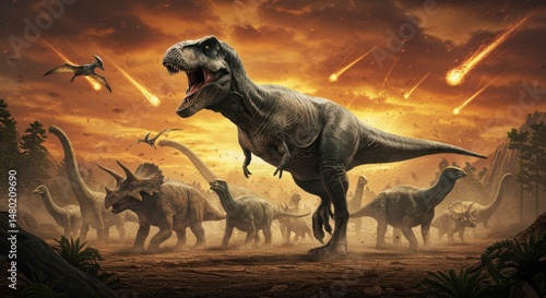 Fototapeta Naklejka Na Ścianę i Meble -  Dinosaurs fleeing meteor impact