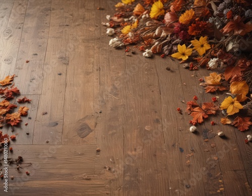 Rustic wooden table, autumn leaves, dried flowers, warm light , vintage, golden, seasonal
