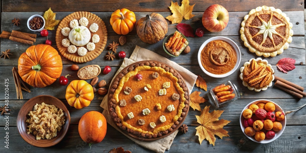 Autumnal Feast A Table Spread with Pumpkin Pies, Mini Pies, and Fall Flavors Autumnal Feast A Table Spread with Pumpkin Pies, Mini Pies, and Fall Flavors