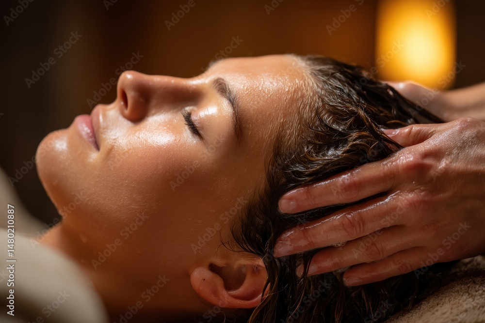 Naklejka premium A close-up view of a woman receiving a soothing head massage with aromatic oils, promoting relaxation and well-being in a spa setting, and enhancing hair health.
