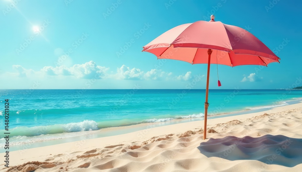 Beach umbrella providing shade on sandy shore, landscape, scene, sunblock Beach umbrella providing shade on sandy shore, landscape, scene, sunblock