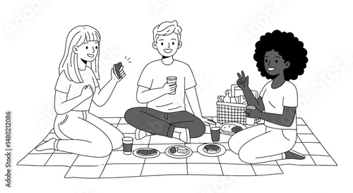 Multicultural teens enjoying a picnic with snacks on a blanket in a minimalist style - concept
