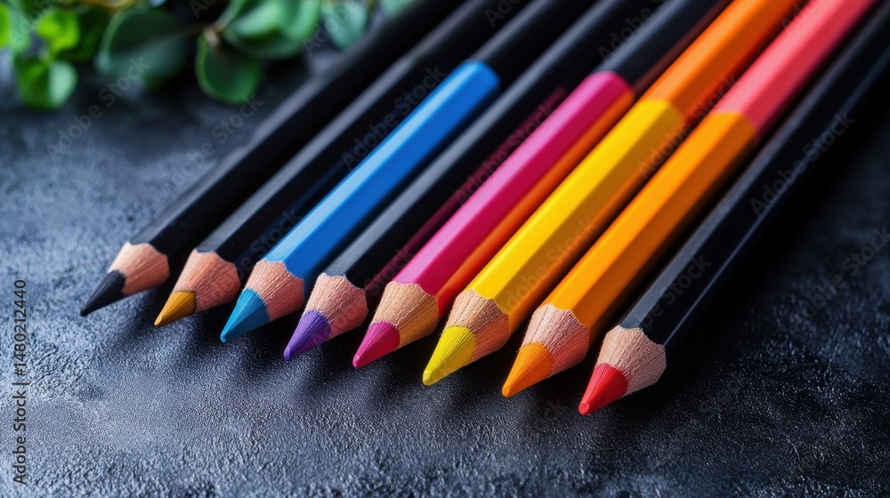 Vibrant Colored Pencils in a Row on Dark Surface with Greenery Background for Creative Projects Vibrant Colored Pencils in a Row on Dark Surface with Greenery Background for Creative Projects