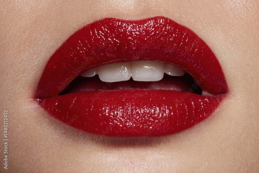 Fototapeta premium Close-up of full female lips with bright red glossy lipstick, showing perfect white teeth, and smooth skin around the mouth, beauty and glamour concept.