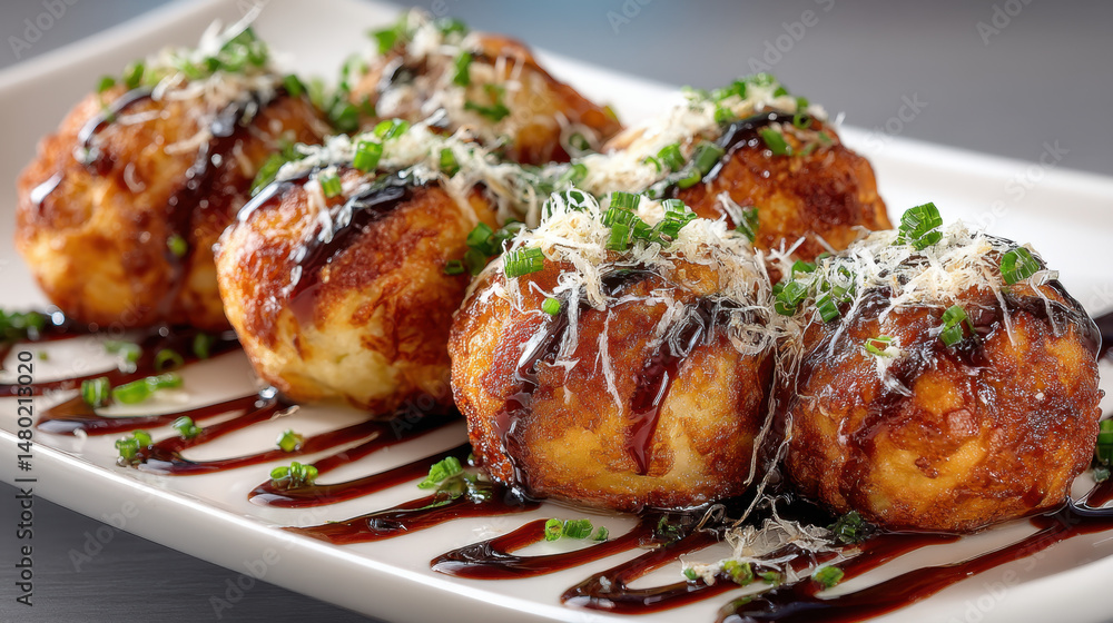 Golden Brown Takoyaki with Dark Sauce and Green Garnish on White Plate Golden Brown Takoyaki with Dark Sauce and Green Garnish on White Plate