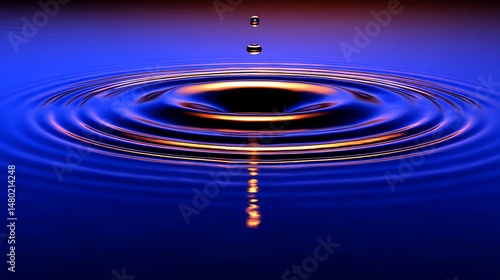 Droplet falls creating concentric ripples on darkblue serene water surface