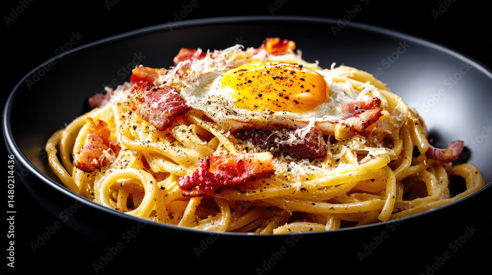 Fototapeta premium Delicious pasta carbonara with a golden fried egg, bacon, and cheese