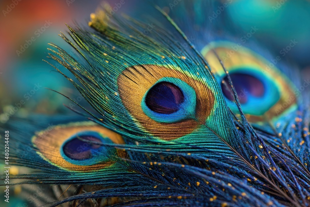 Obraz premium A vibrant and detailed close-up of peacock feathers showing iridescent colors and intricate patterns, with golden highlights adding depth and texture to the composition.