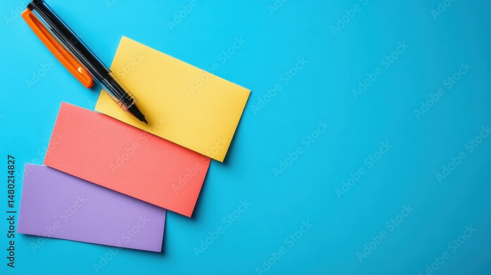 Colorful Sticky Notes and Black Pen on Bright Blue Background for Office Organization and Creative Ideas Colorful Sticky Notes and Black Pen on Bright Blue Background for Office Organization and Creative Ideas