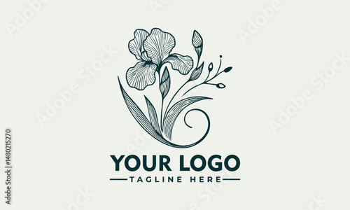 Elegant Line Art Illustration of an Iris Flower with Graceful Petals and Detailed Stem. Floral Design Concept
