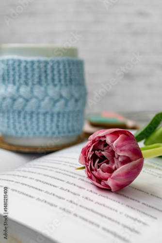 Pink tulips, an open book and a mug of freshly brewed coffee or tea. Spring set. Flatley layout.