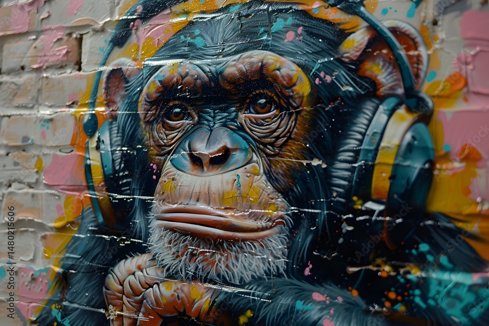 Obraz premium Colorful Graffiti Art of a Chimpanzee Wearing Headphones