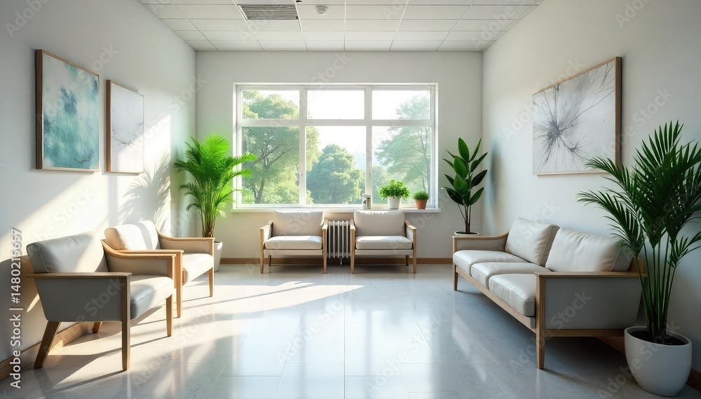 Fototapeta premium Modern, bright doctor's surgery waiting area with comfortable seating and natural light , healthcare, appointment, medical