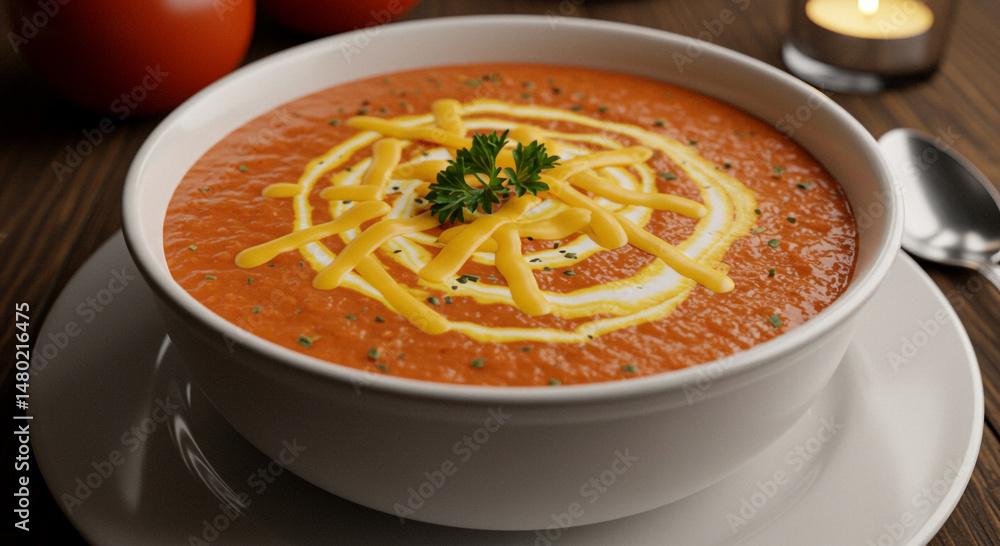 A delicious bowl of creamy tomato soup with a swirl of cream and cheese on a wooden table. A delicious bowl of creamy tomato soup with a swirl of cream and cheese on a wooden table.