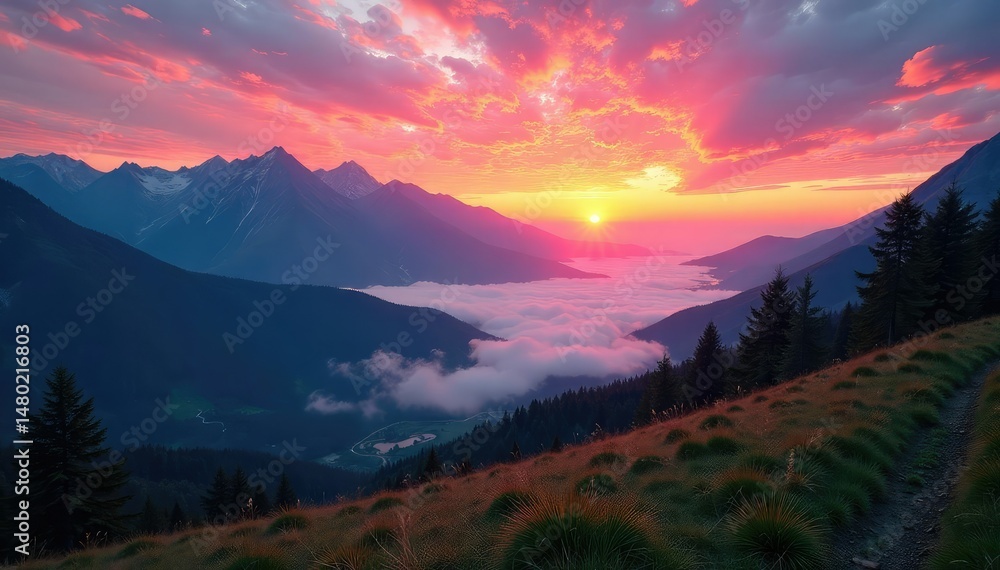 Serene landscape, misty mountains and vibrant sunset, horizon, vibrant, digital art Serene landscape, misty mountains and vibrant sunset, horizon, vibrant, digital art