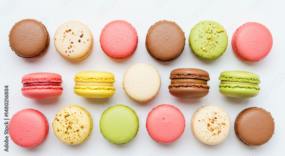 Obraz premium A delightful display of vibrant, assorted macarons arranged on a clean white surface.