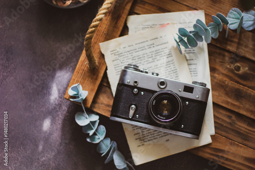 Retro camera on old book and eucalyptus branch on wooden background, flat lay. Vintage style