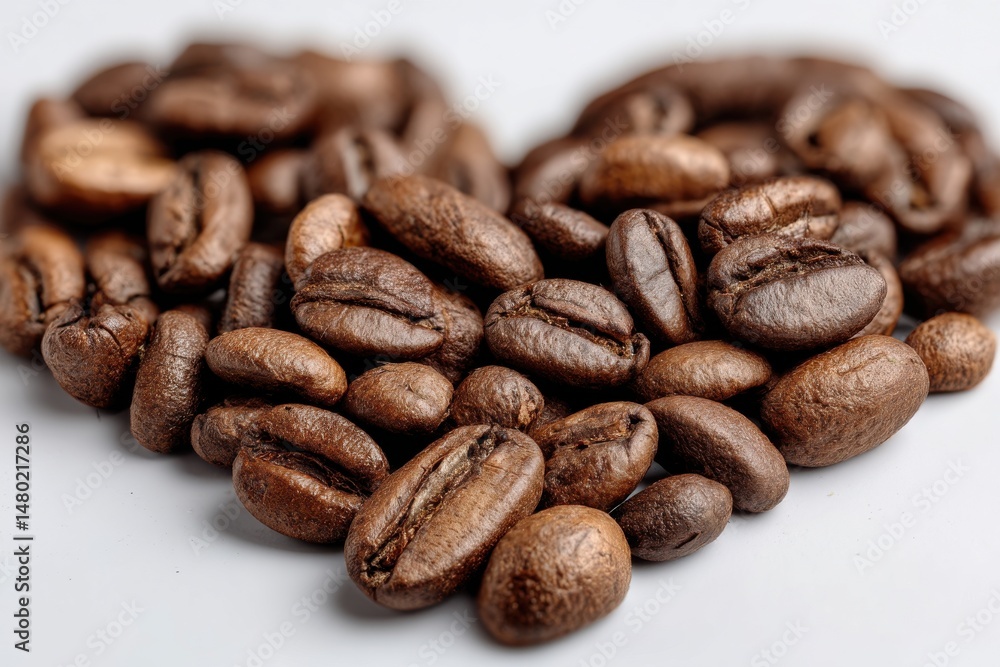 Naklejka premium A close-up shot showcasing a heart shape formed by a pile of aromatic coffee beans, beautifully highlighting the rich texture and warm, inviting tones against a smooth surface.