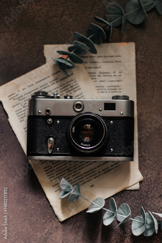Retro camera on old book and eucalyptus branch on wooden background, flat lay. Vintage style