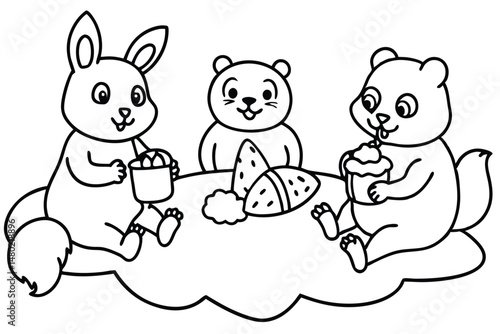 Line art depicts a bunny, bear, and squirrel enjoying treats at a table