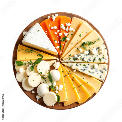 Variety of cheese types on wooden board. Top view.